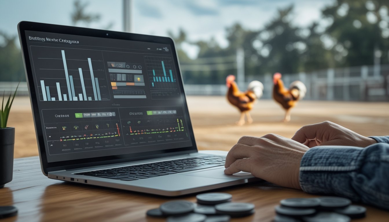Meja analisis dengan laptop berisi grafik abstrak dan dua ayam jantan yang terlihat tenang di arena terbuka.