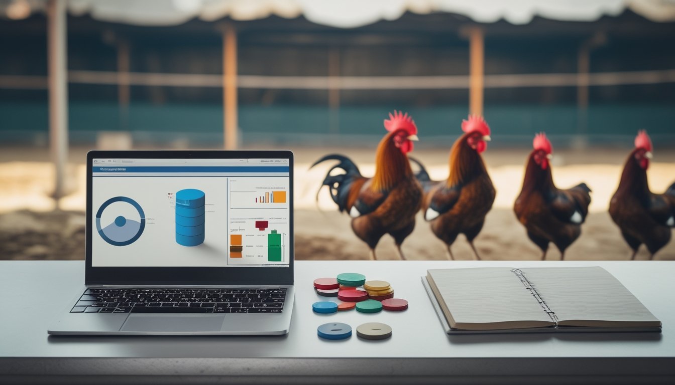 Meja kerja dengan laptop, catatan kosong, token warna-warni, dan siluet ayam jantan di latar belakang.