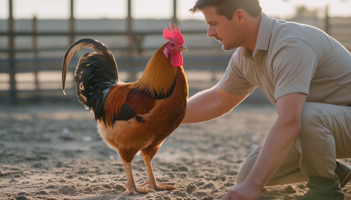 Seorang pawang memeriksa ayam jantan sehat dengan postur tegap di lingkungan peternakan.