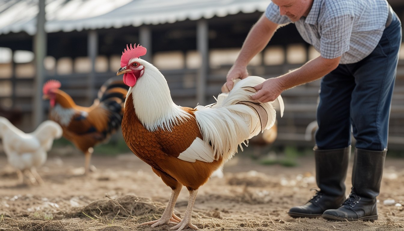 Seorang handler memeriksa postur dan ciri fisik seekor ayam jantan sehat di lingkungan peternakan.