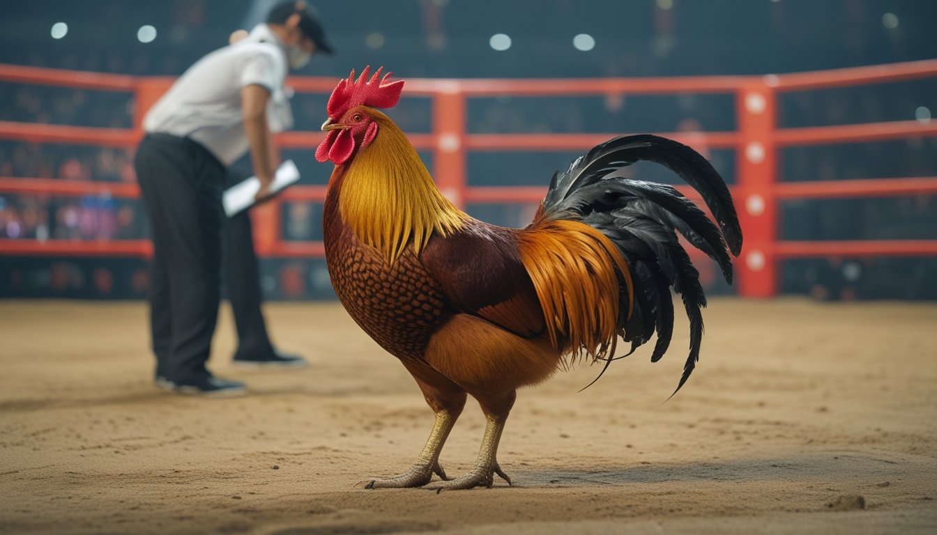 Ayam Bangkok berdiri dalam posisi siaga di arena dengan seorang pengamat di latar belakang.
