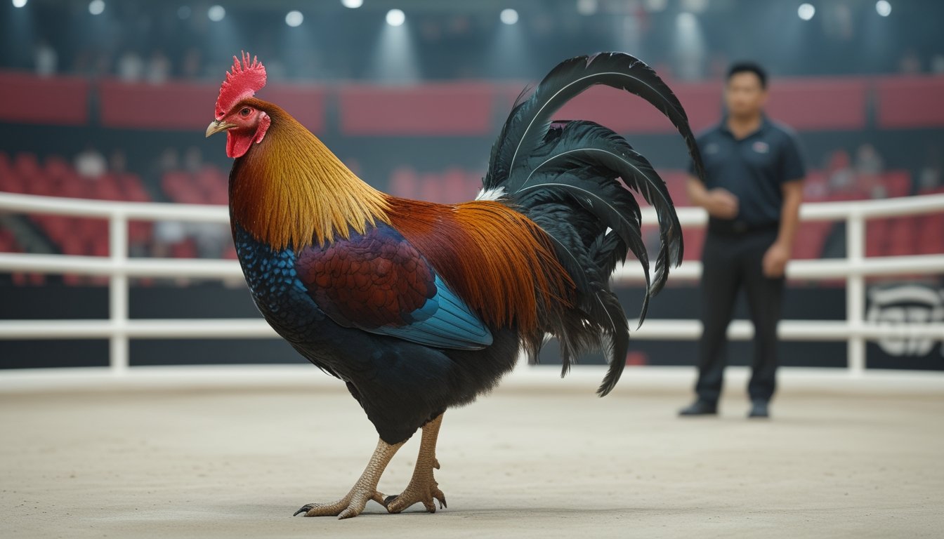 Ayam Bangkok Super berdiri tegap di arena, diamati oleh seorang pawang.