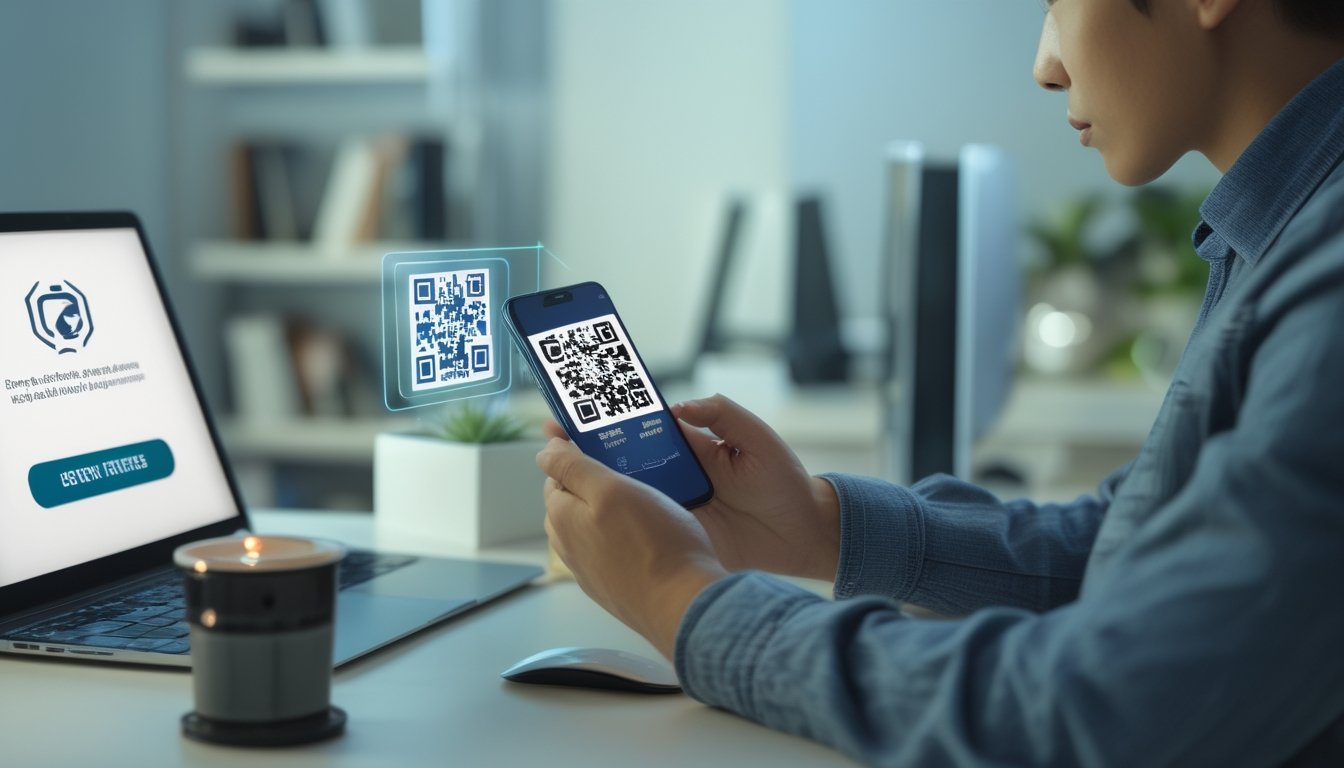 Seseorang menggunakan ponsel untuk melakukan pembayaran digital dengan kode QR di meja kerja modern.