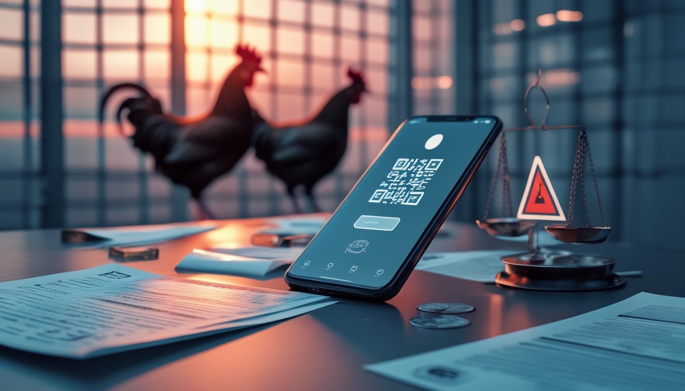 Ponsel, dokumen hukum, simbol pembayaran abstrak, dan siluet ayam dalam suasana yang menggambarkan risiko sabung ayam daring.