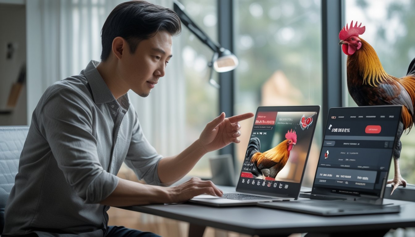 Dua orang dewasa melihat siaran olahraga ayam melalui laptop dan ponsel, dengan seekor ayam sehat di latar belakang.