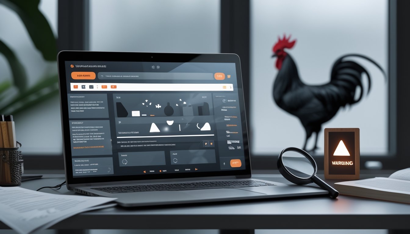 Laptop dan ponsel di atas meja dengan dokumen hukum, buku hukum, dan simbol peringatan terkait risiko taruhan sabung ayam daring.