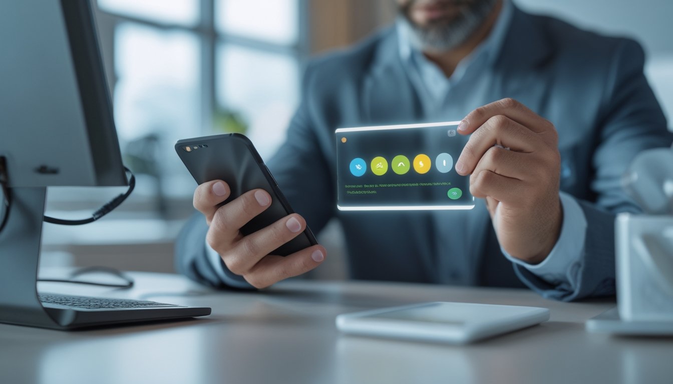 Seseorang menggunakan ponsel untuk melakukan pembayaran dompet digital di meja kerja.