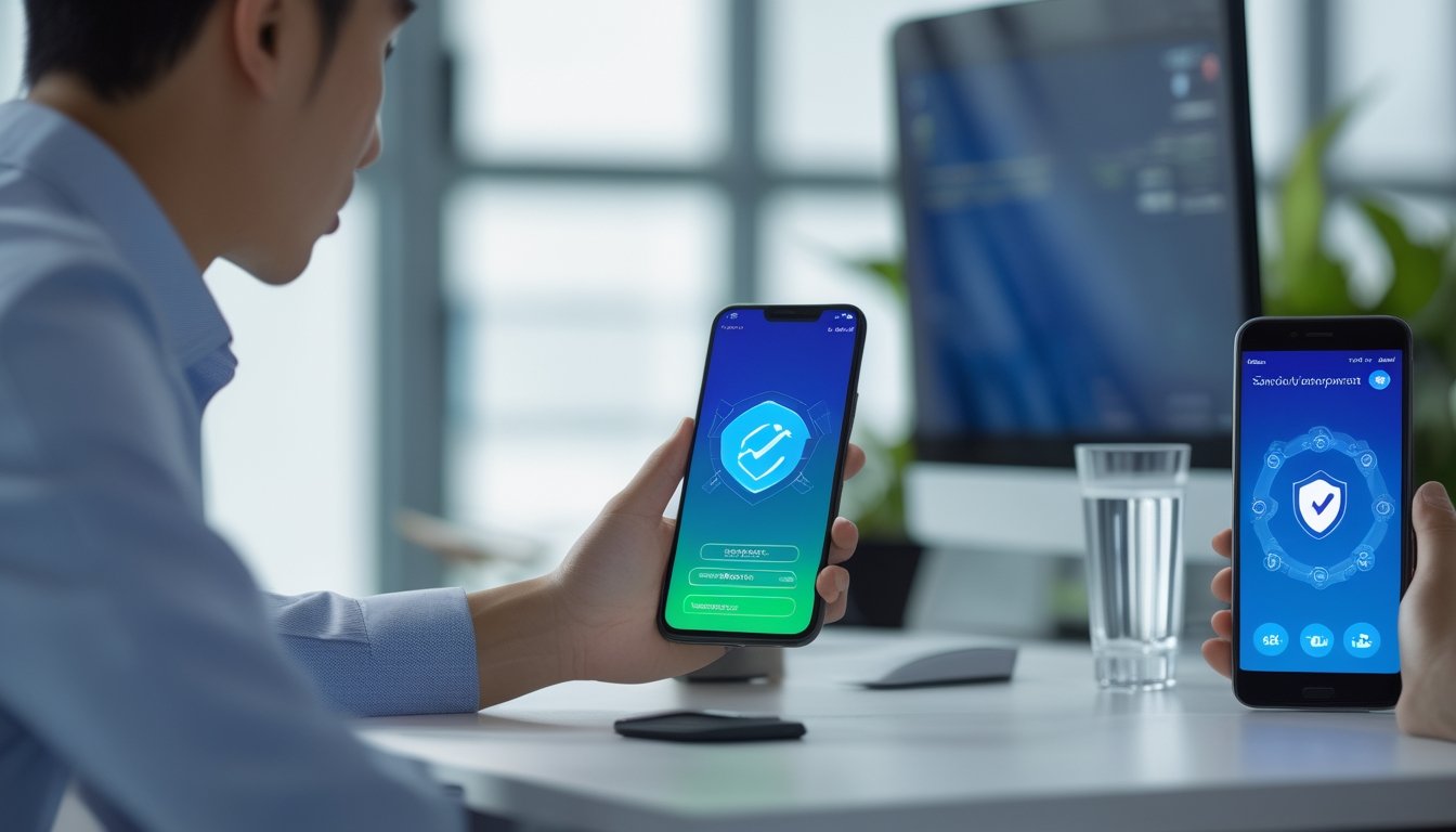 Seseorang menggunakan ponsel di meja kerja dengan tampilan pembayaran digital yang aman.
