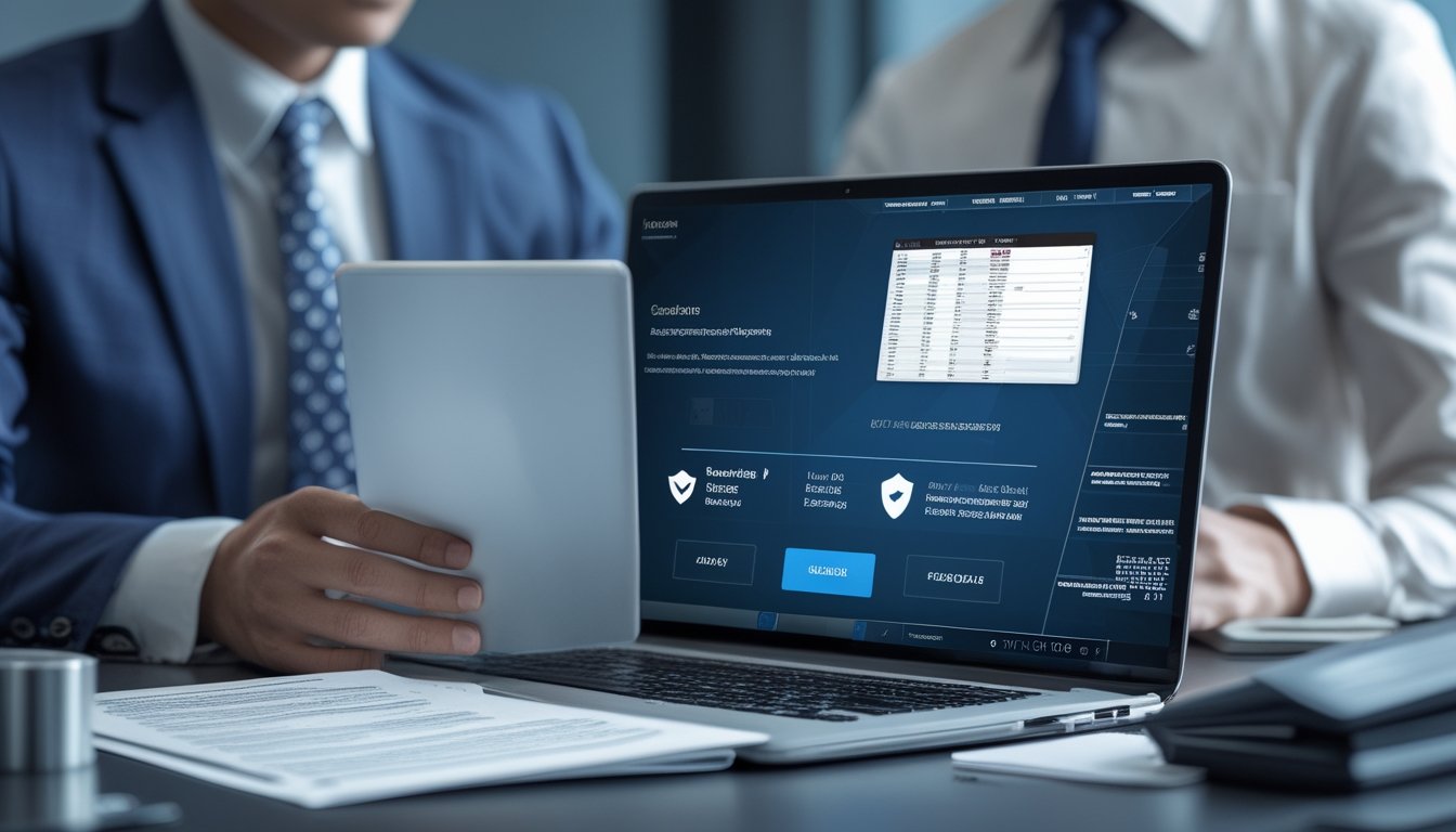 Profesional hukum meninjau dokumen kepatuhan dan pembayaran digital di kantor modern.