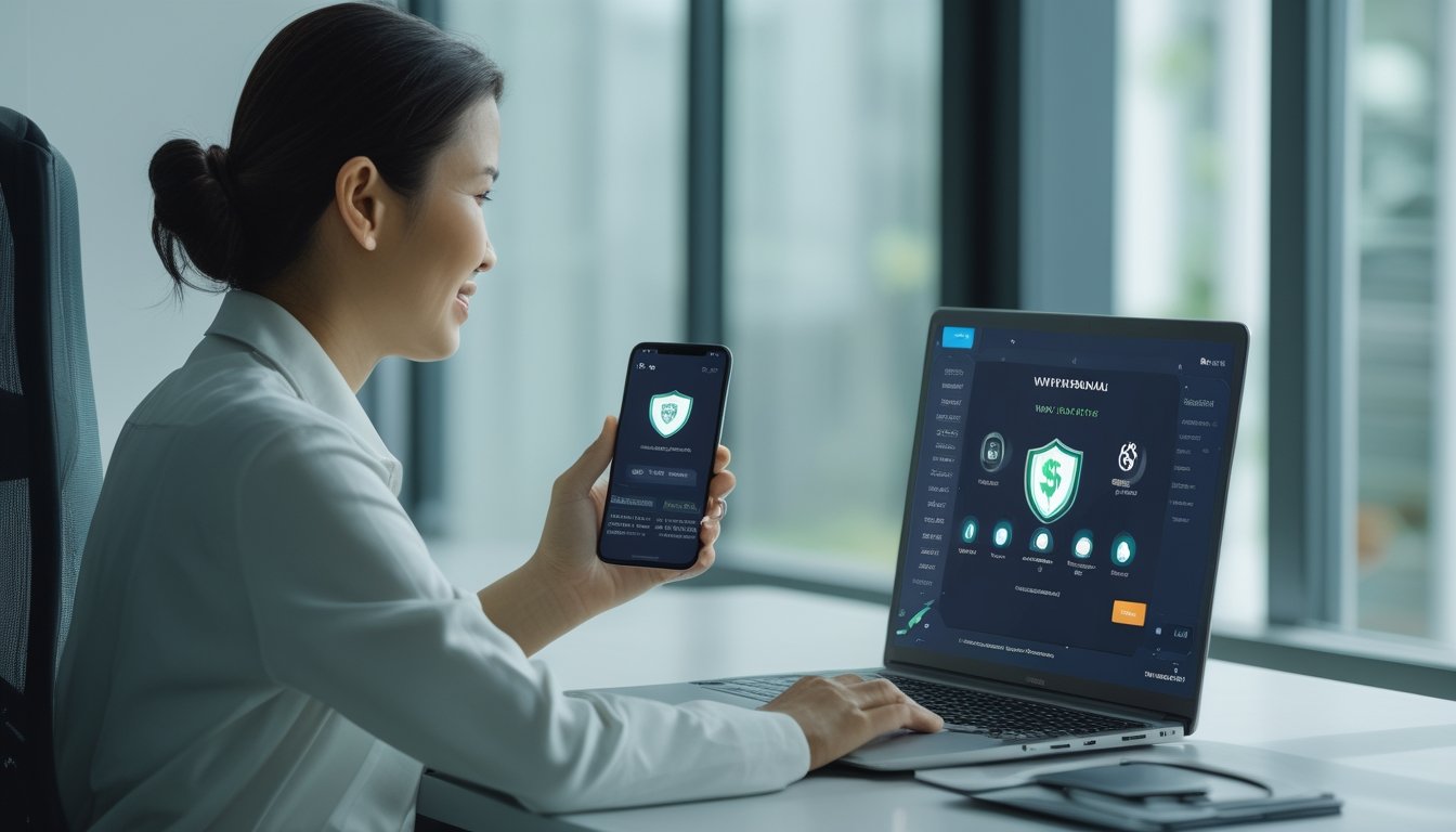 Seseorang memeriksa proses penarikan dana digital melalui ponsel di meja kerja modern.