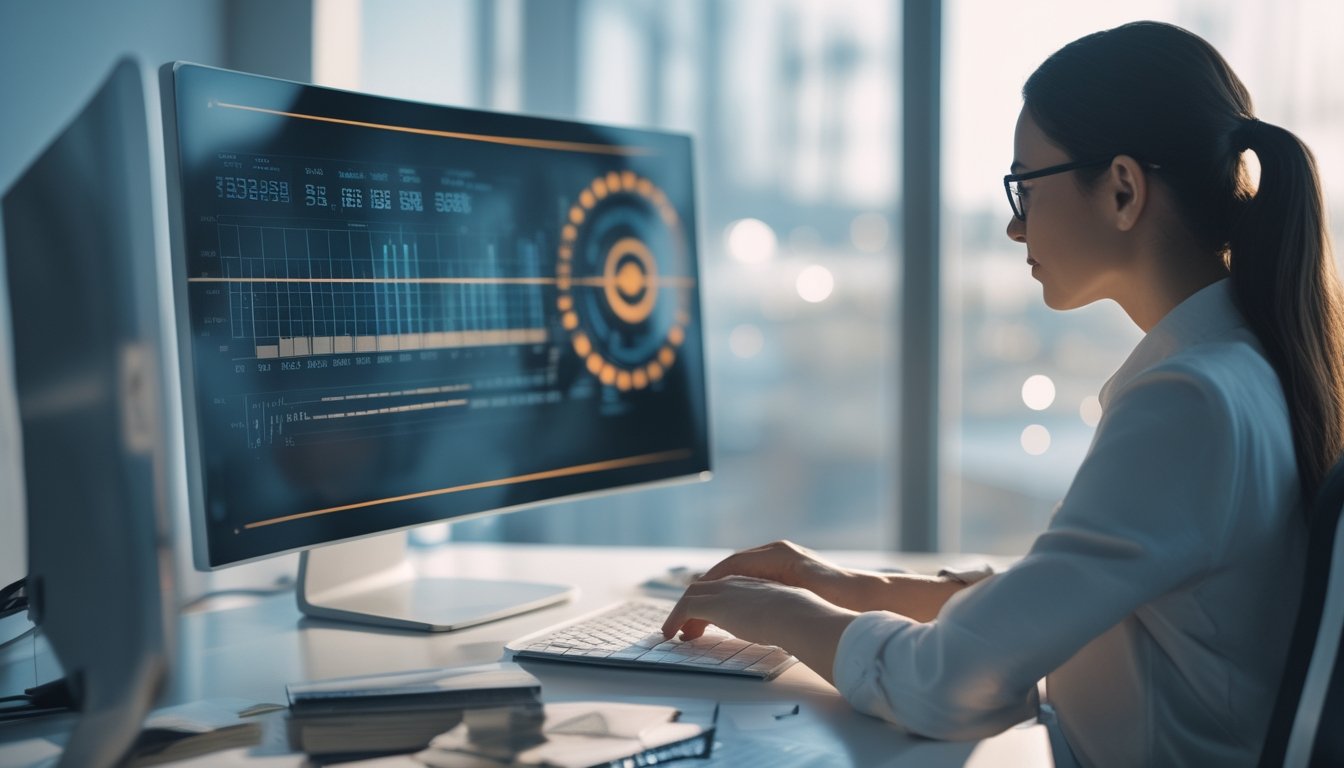 Seorang analis memeriksa pola data abstrak di ruang kerja modern.