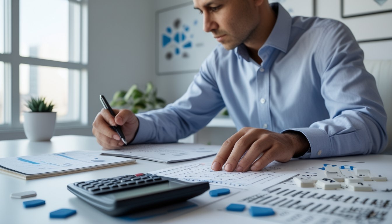 Seorang analis dewasa mempelajari grafik probabilitas, token angka, dan kalkulator di meja kerja modern.