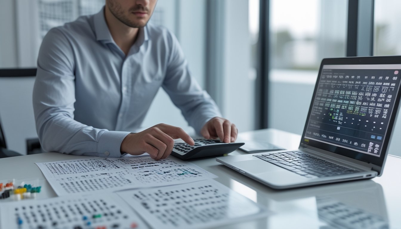 Seorang analis memeriksa pola data abstrak di meja kerja modern dengan laptop, kalkulator, dan lembar grafik.