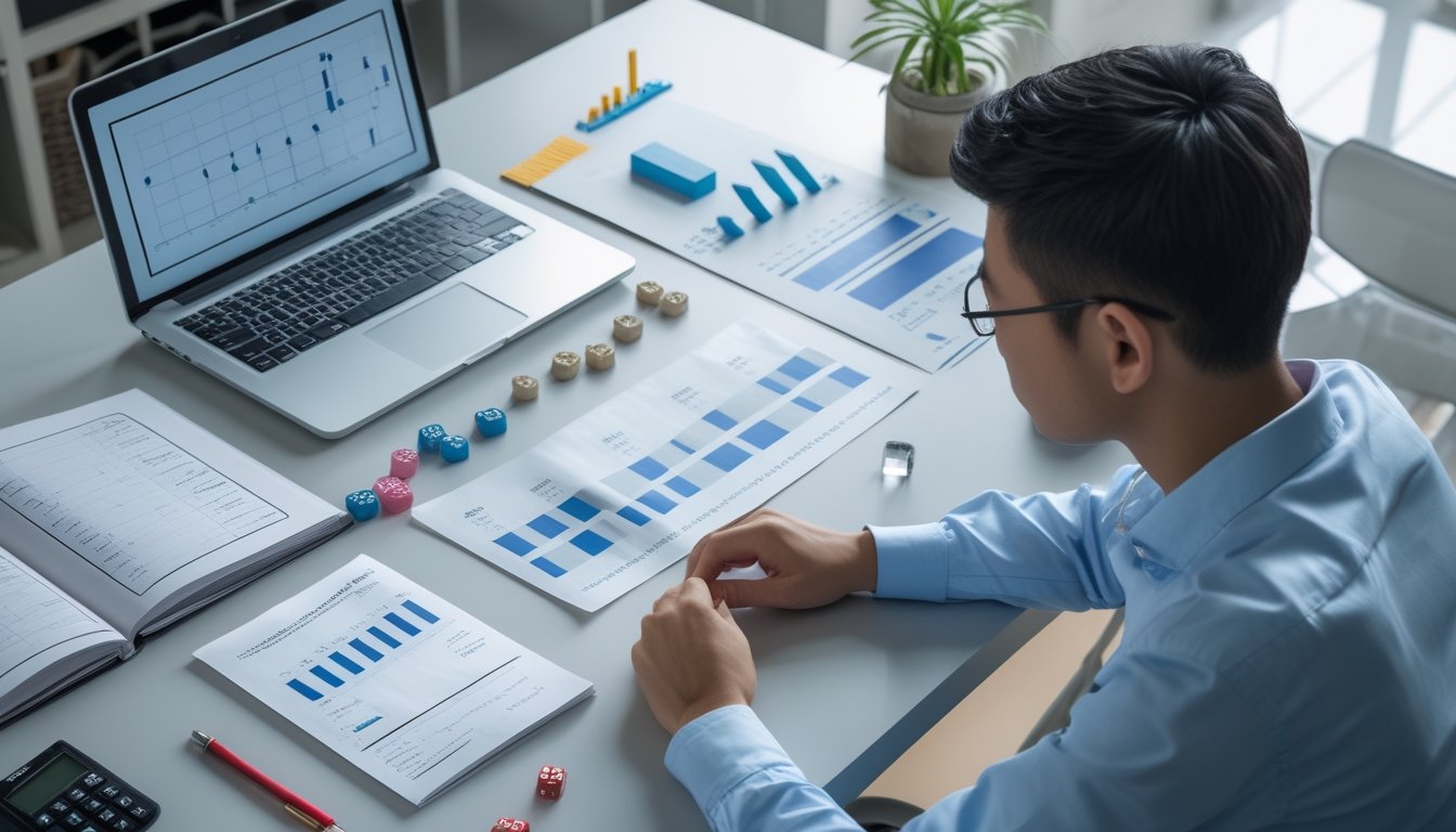 Seorang analis mengamati angka acak, dadu, dan grafik statistik di meja kerja.