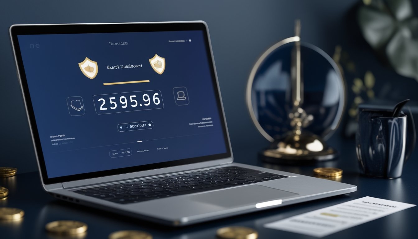 Laptop dan ponsel menampilkan antarmuka angka abstrak dengan ikon keamanan, label diskon tanpa tulisan, koin, dan slip taruhan di meja modern.