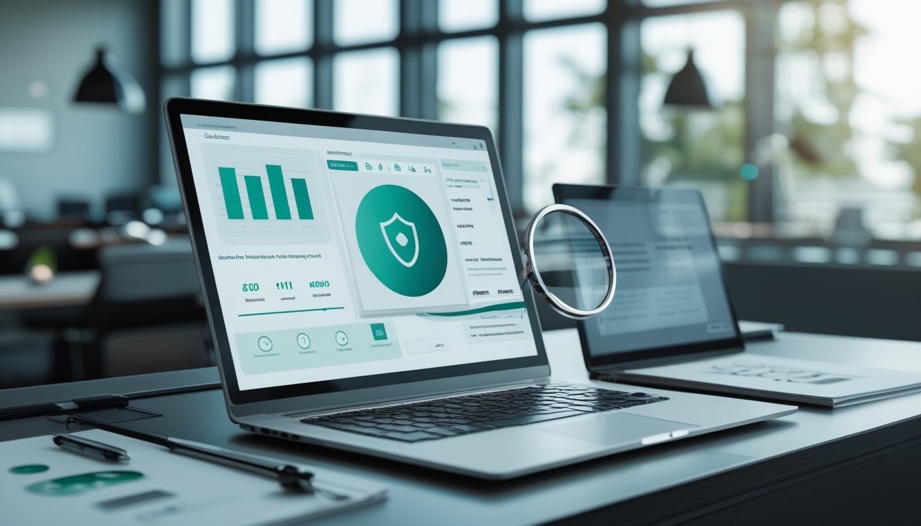 Analis meninjau keamanan dan kredibilitas platform digital di meja kerja modern.