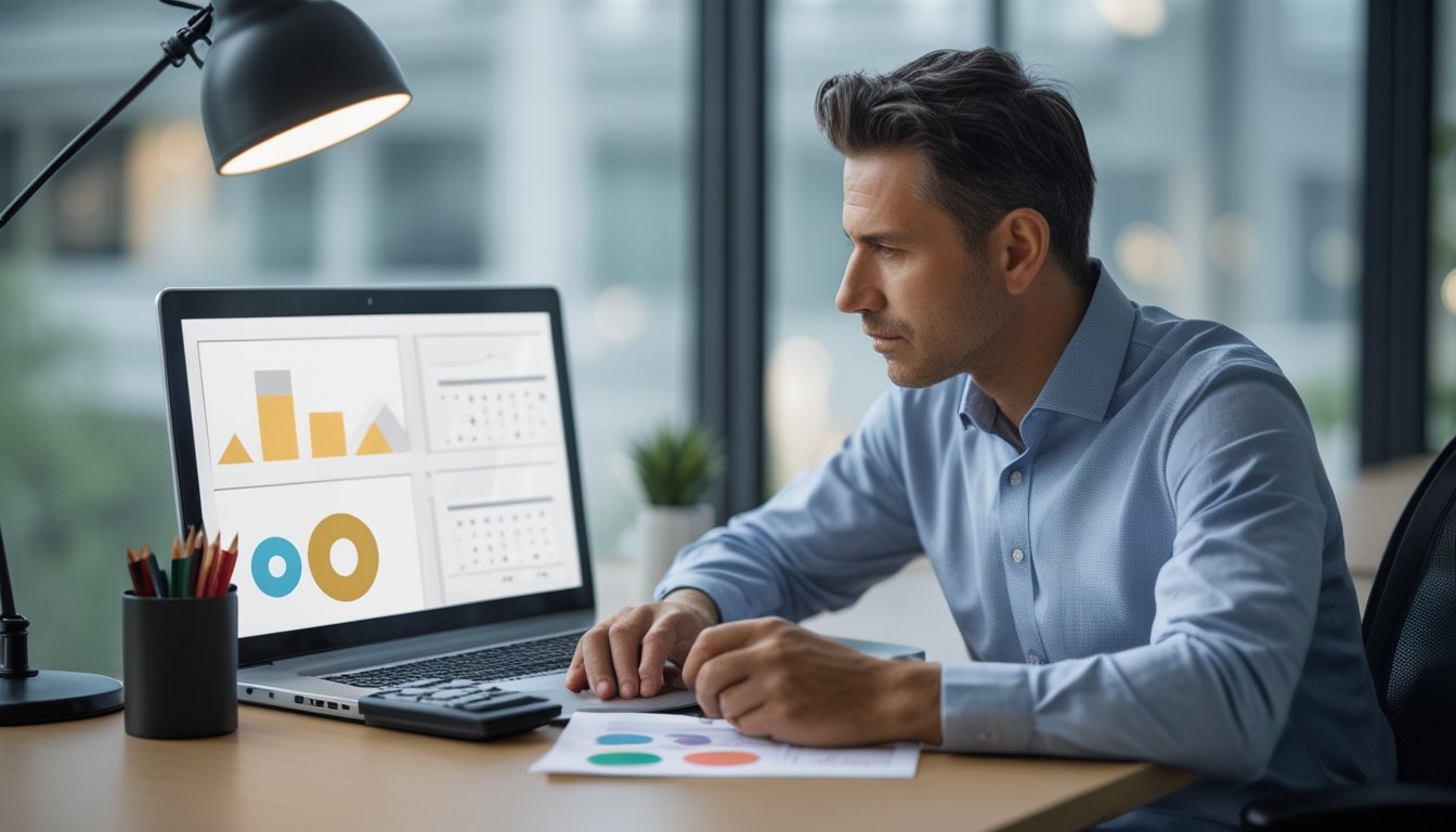 Seorang analis mempelajari pola data abstrak di laptop dengan perlengkapan kerja di meja.