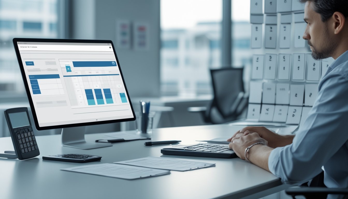 Seorang analis mempelajari data dan posisi angka awal serta akhir di meja kerja modern.