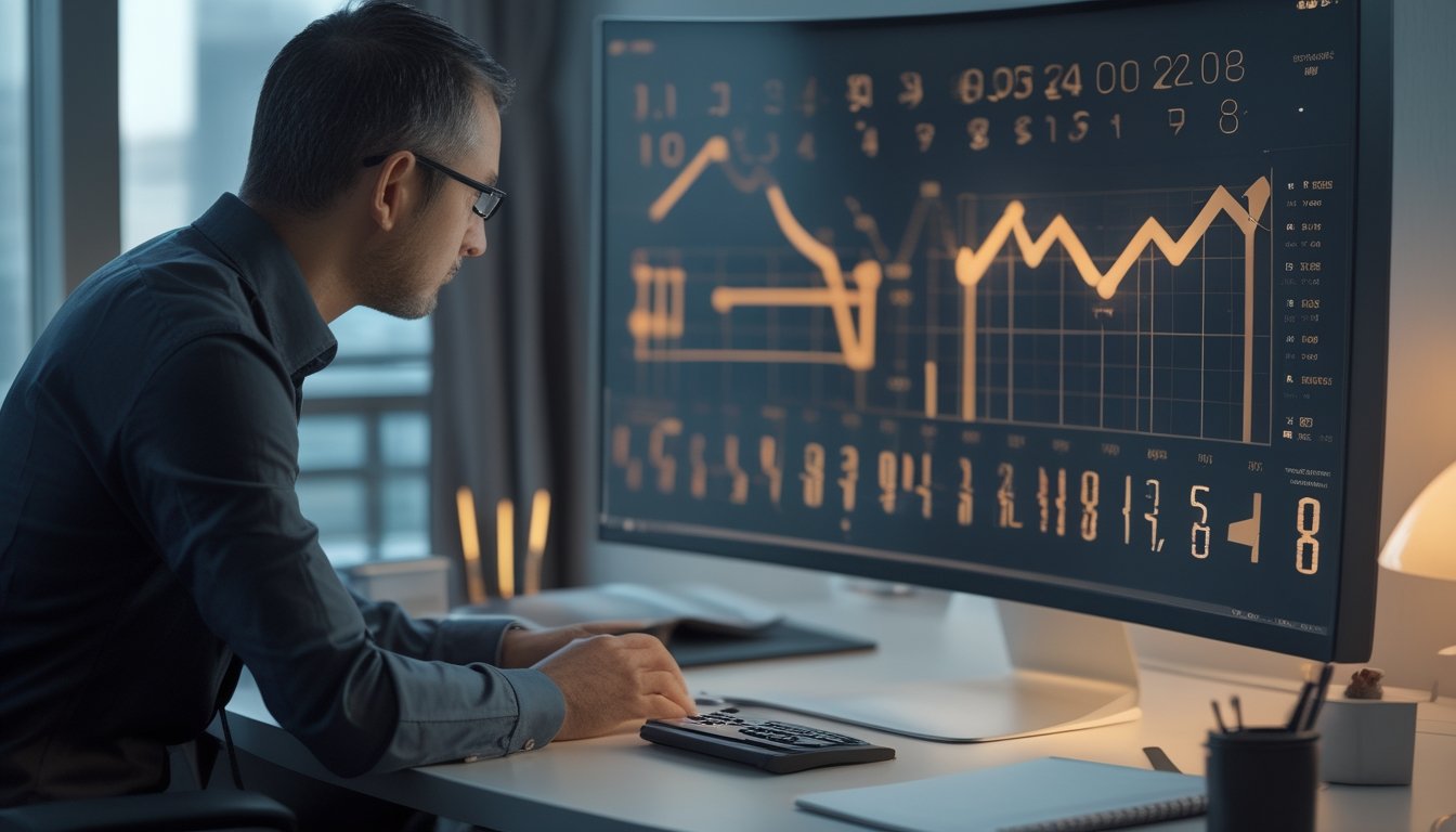 Seorang analis mempelajari pola data angka abstrak pada monitor di meja kerja.