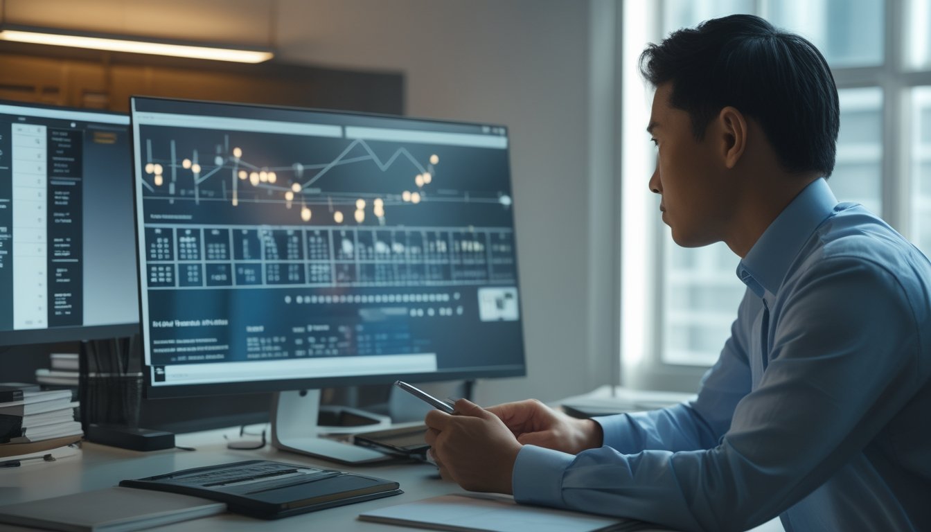 Seorang analis mempelajari grafik pola angka di ruang kerja modern.