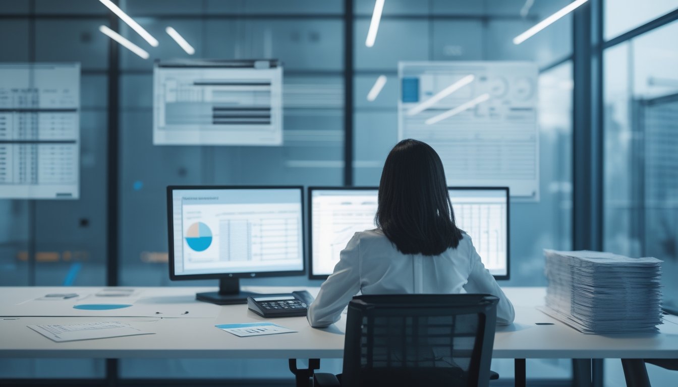 Seorang analis meninjau data angka dan menilai peluang serta risiko di meja kerja modern.