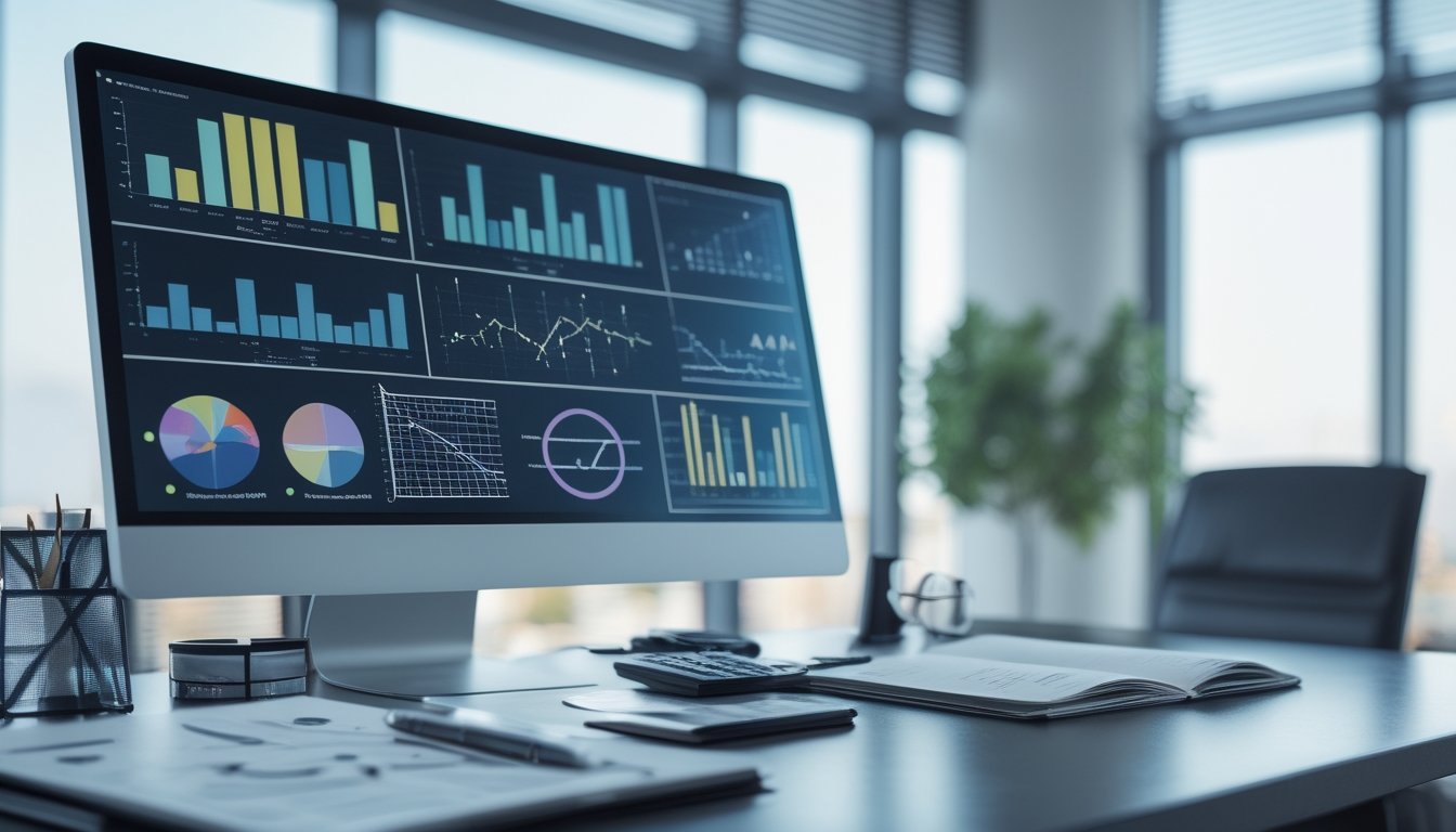 Ruang kerja modern dengan monitor menampilkan grafik statistik abstrak, kalkulator, dan buku catatan analisis.