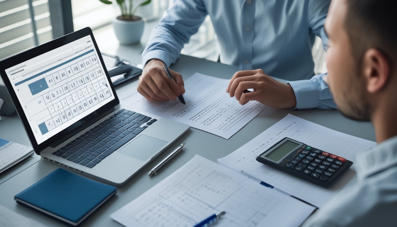 Seorang analis memeriksa pola angka dan grafik pada laptop serta lembar kerja di meja.