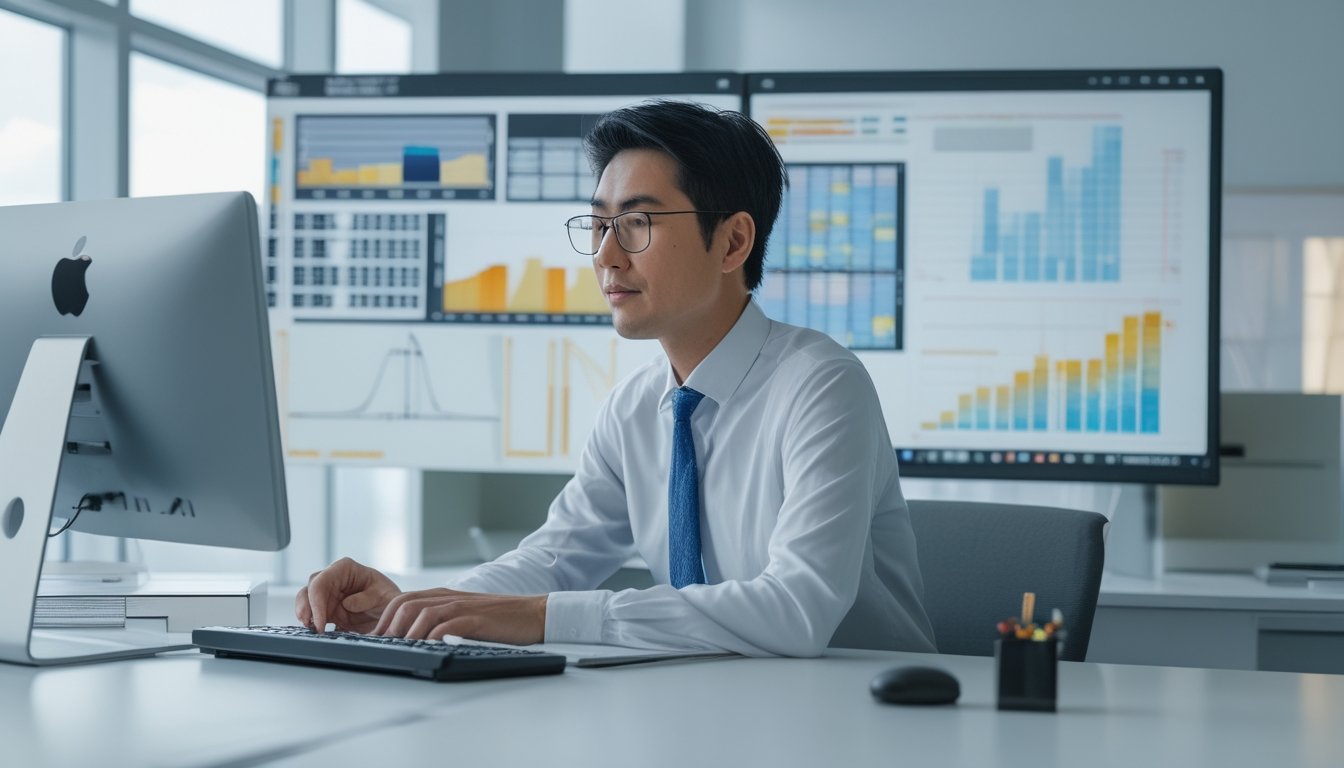 Seorang analis memeriksa diagram angka dan pengelompokan data di meja kerja.