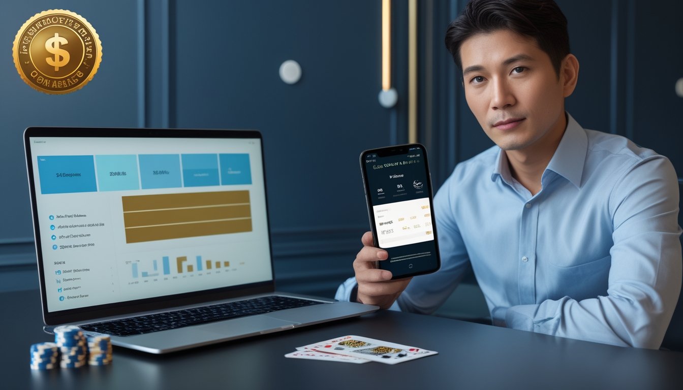 Seorang profesional meninjau laptop dan ponsel di meja modern dengan kartu dan keping permainan sebagai elemen pendukung.