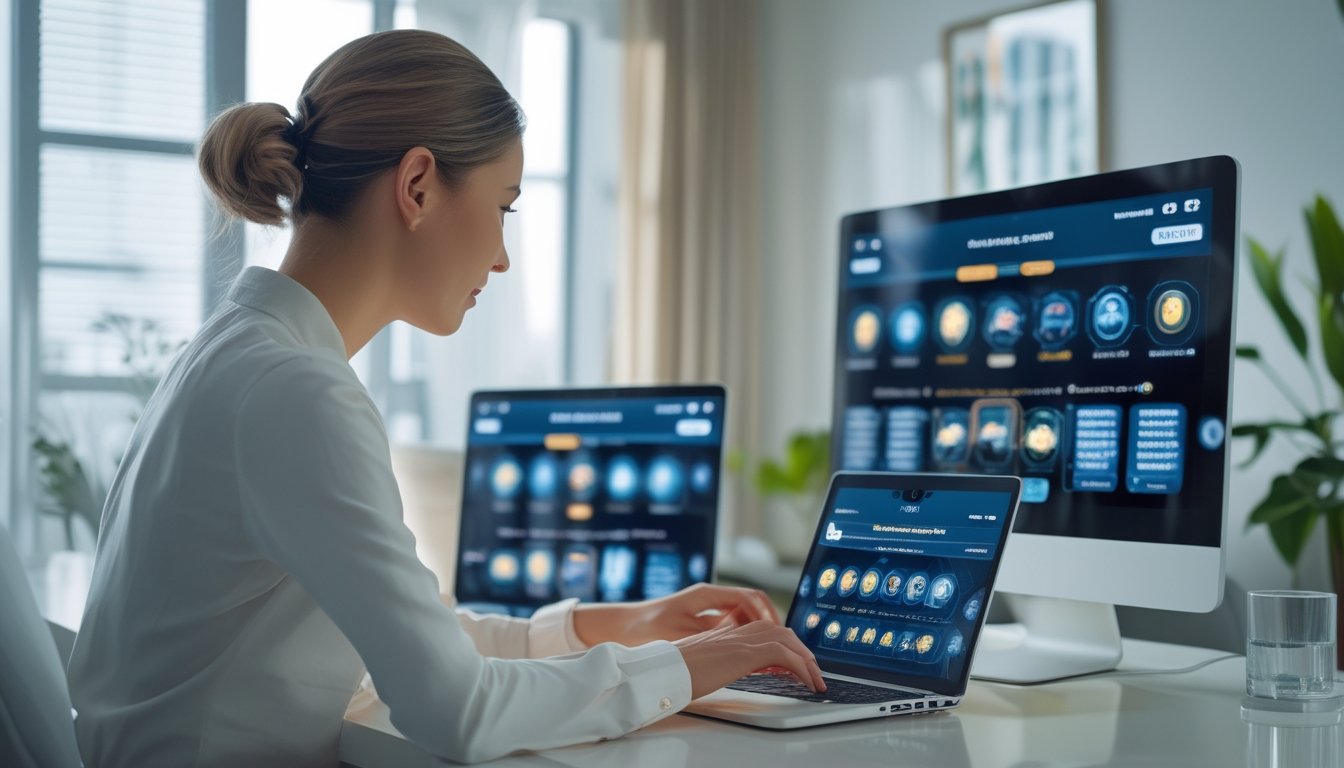 Orang dewasa memeriksa tampilan permainan digital abstrak pada laptop dan ponsel di ruang kerja modern.