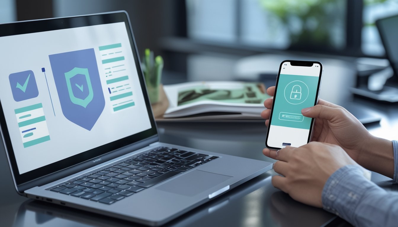 Seseorang memeriksa laptop dan ponsel dengan simbol keamanan serta verifikasi di meja kerja modern.