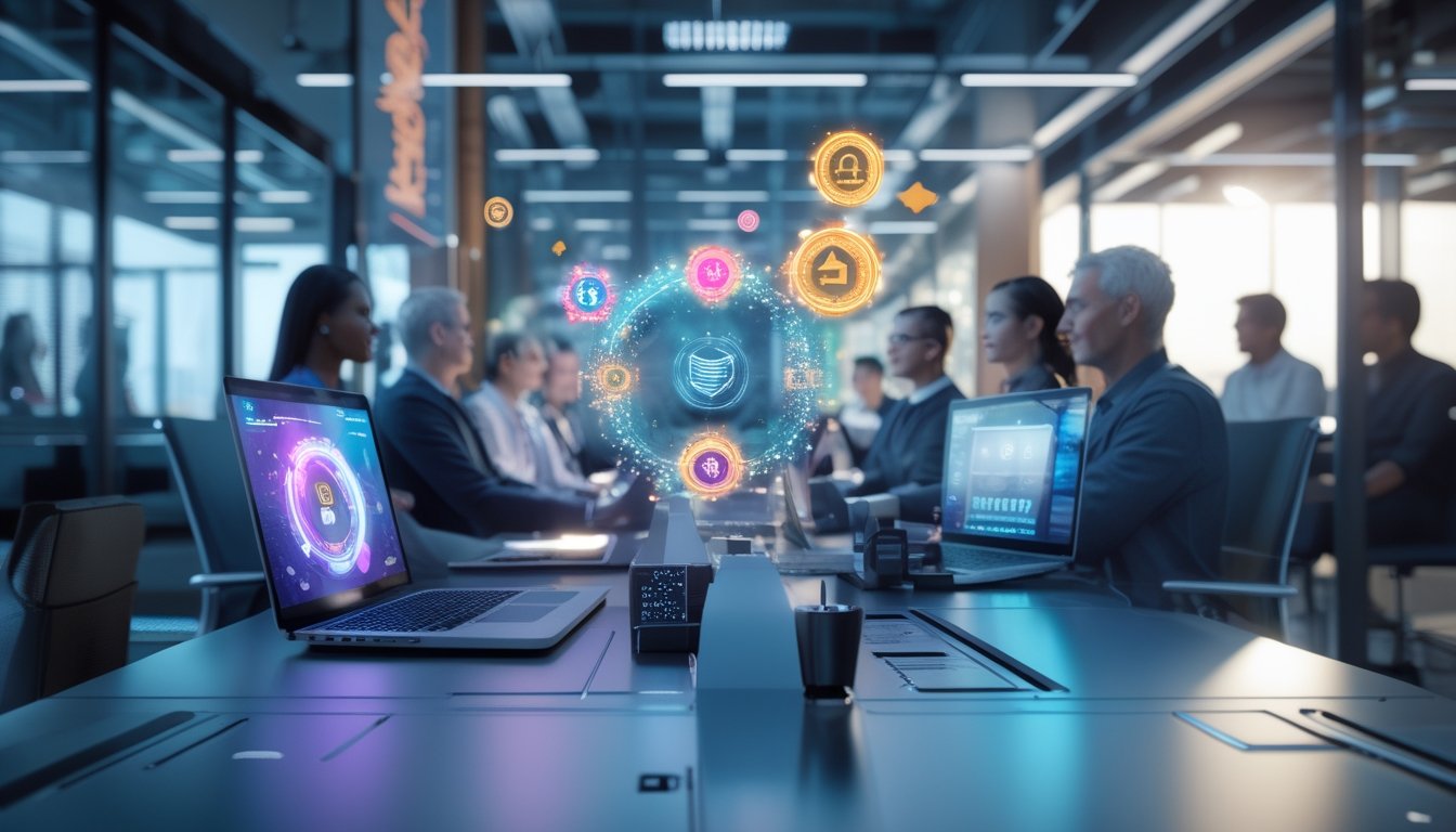 Sekelompok orang dewasa menggunakan perangkat digital dalam ruang kerja modern dengan elemen jaringan global dan keamanan.