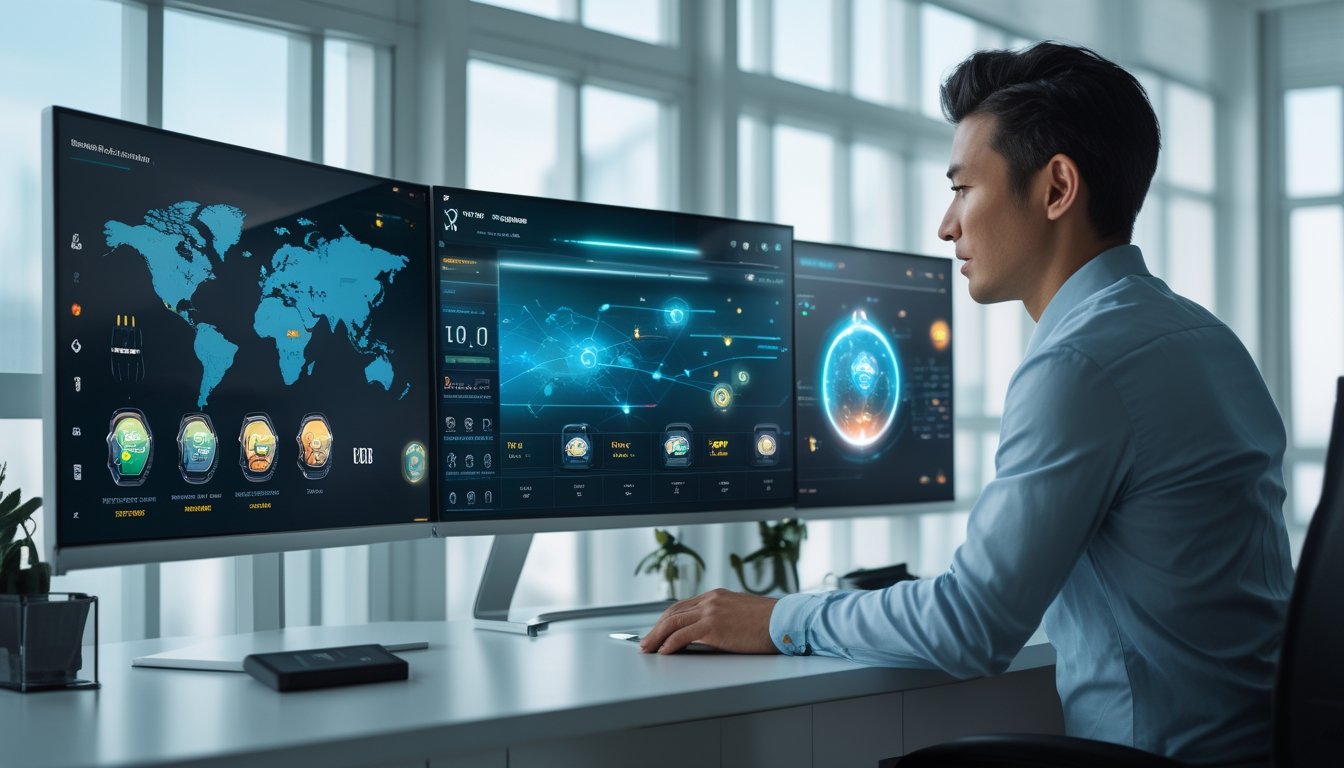 Orang dewasa menganalisis antarmuka permainan digital dan koneksi server global di ruang kerja modern.
