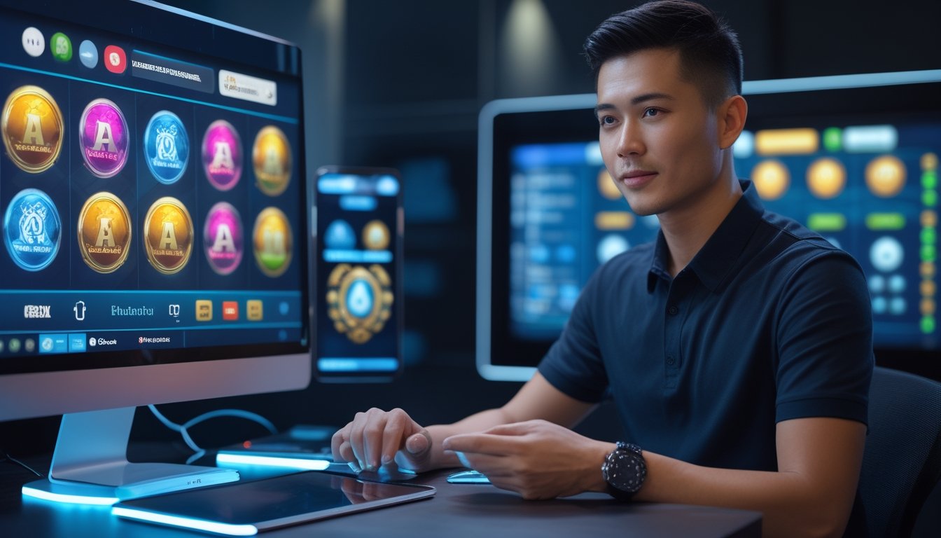Orang dewasa meninjau platform permainan slot digital pada komputer dan ponsel di ruang kerja modern dengan simbol keamanan dan dunia.