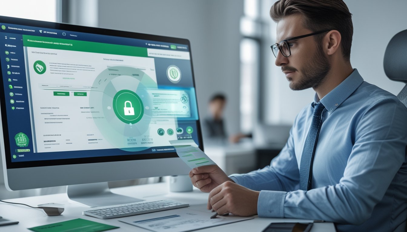 Analis kepatuhan memeriksa verifikasi lisensi digital dengan simbol keamanan, sertifikasi, dan globe di kantor modern.