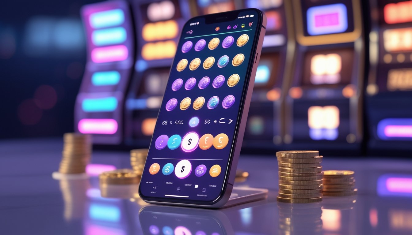 Dua ponsel pintar menampilkan antarmuka permainan slot berwarna-warni dengan latar cahaya neon.