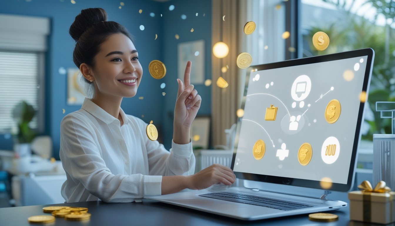 Orang dewasa muda melihat laptop dan ponsel dengan ekspresi senang, dikelilingi koin emas dan kotak hadiah.