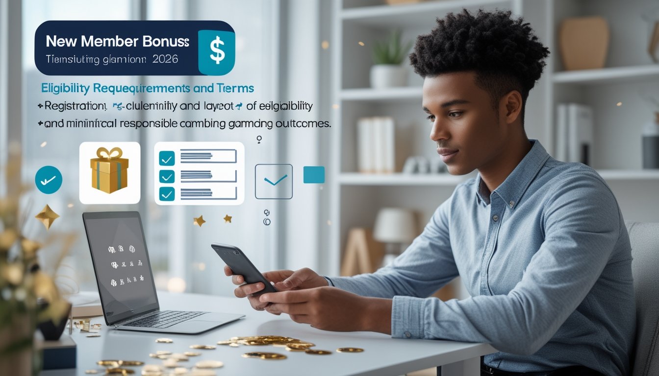 Seorang pengguna memeriksa ponsel dan laptop dengan simbol bonus, verifikasi, dan keamanan di meja kerja.