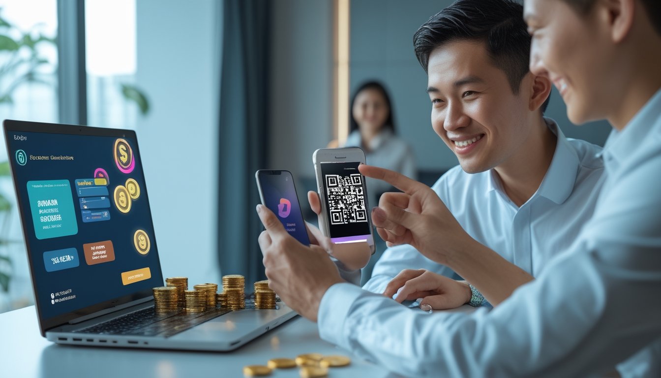 Orang dewasa memindai kode QR dengan ponsel di samping laptop dalam suasana digital modern.