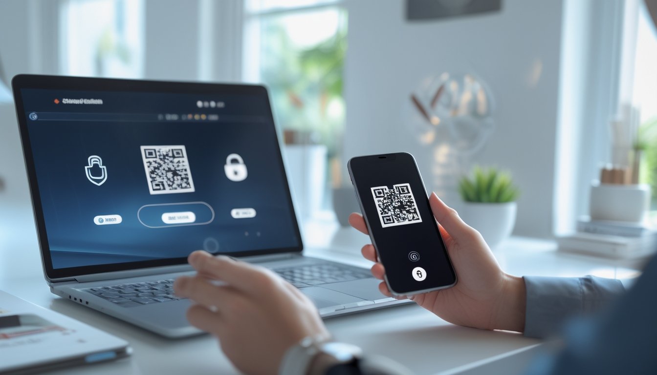 Seseorang memindai kode QR dengan ponsel untuk melakukan pembayaran digital di depan laptop.