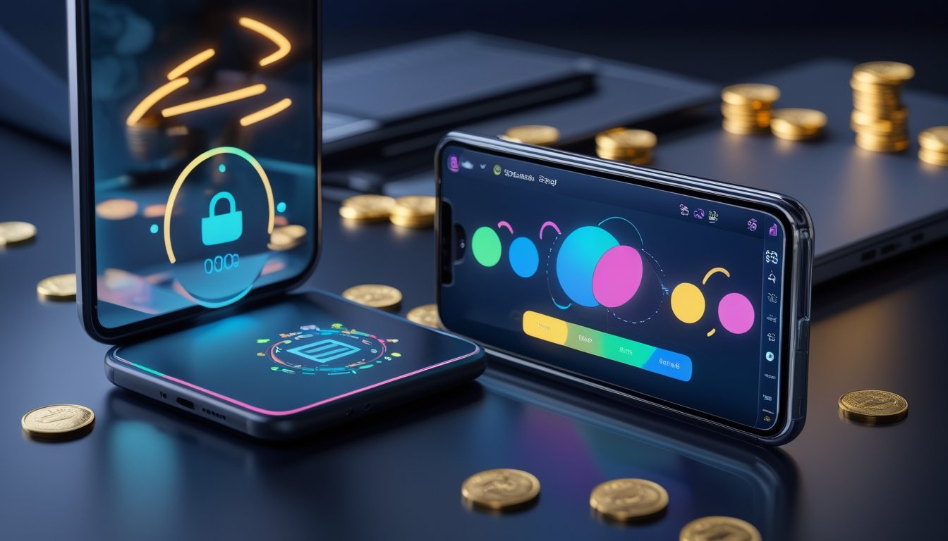 Ponsel dan laptop menampilkan antarmuka permainan digital abstrak di samping dompet digital dan simbol transaksi cepat.