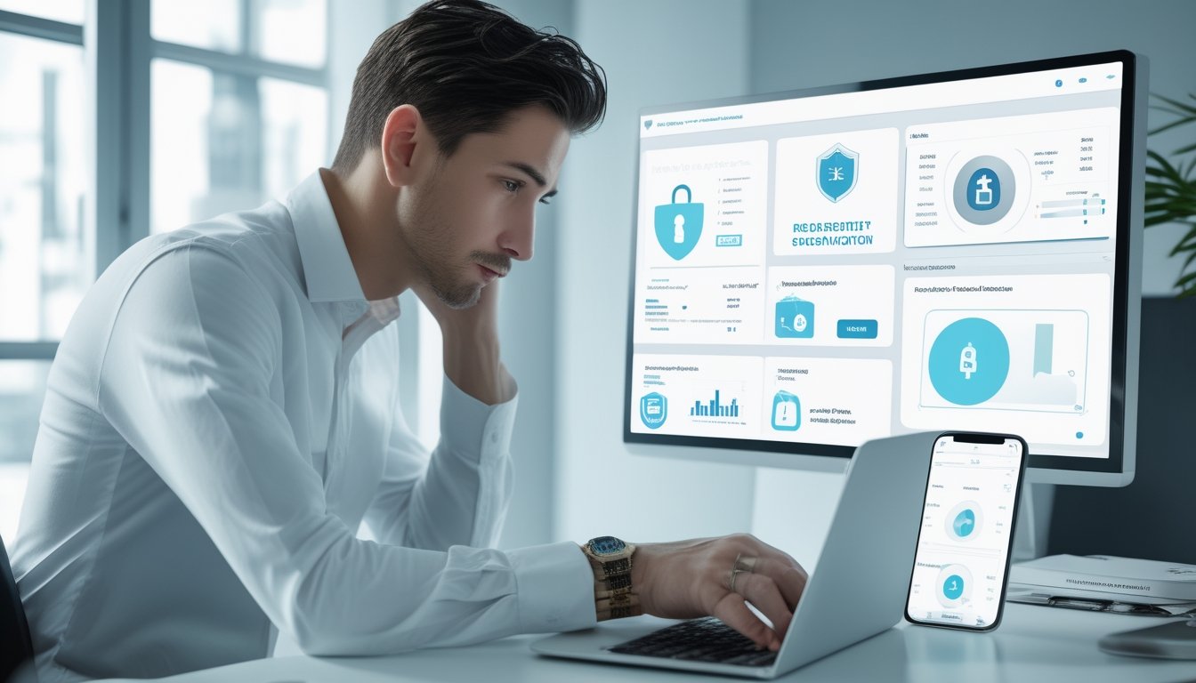 Analis memeriksa keamanan dan legalitas platform digital menggunakan laptop dan ponsel di kantor modern.