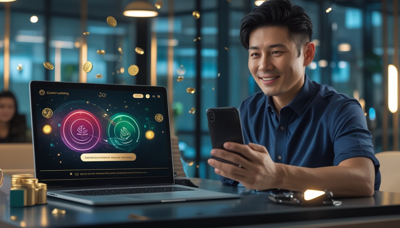 Seorang pelanggan tersenyum melihat ponsel di ruang kerja modern bersama petugas layanan, dengan ilustrasi koin dan elemen promosi digital di sekitarnya.
