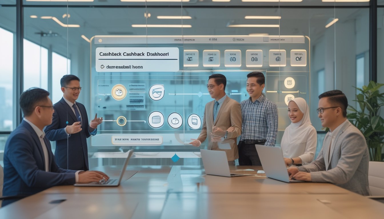 Sekelompok profesional Indonesia membahas mekanisme cashback menggunakan laptop dan papan kaca dengan ikon alur penghargaan.