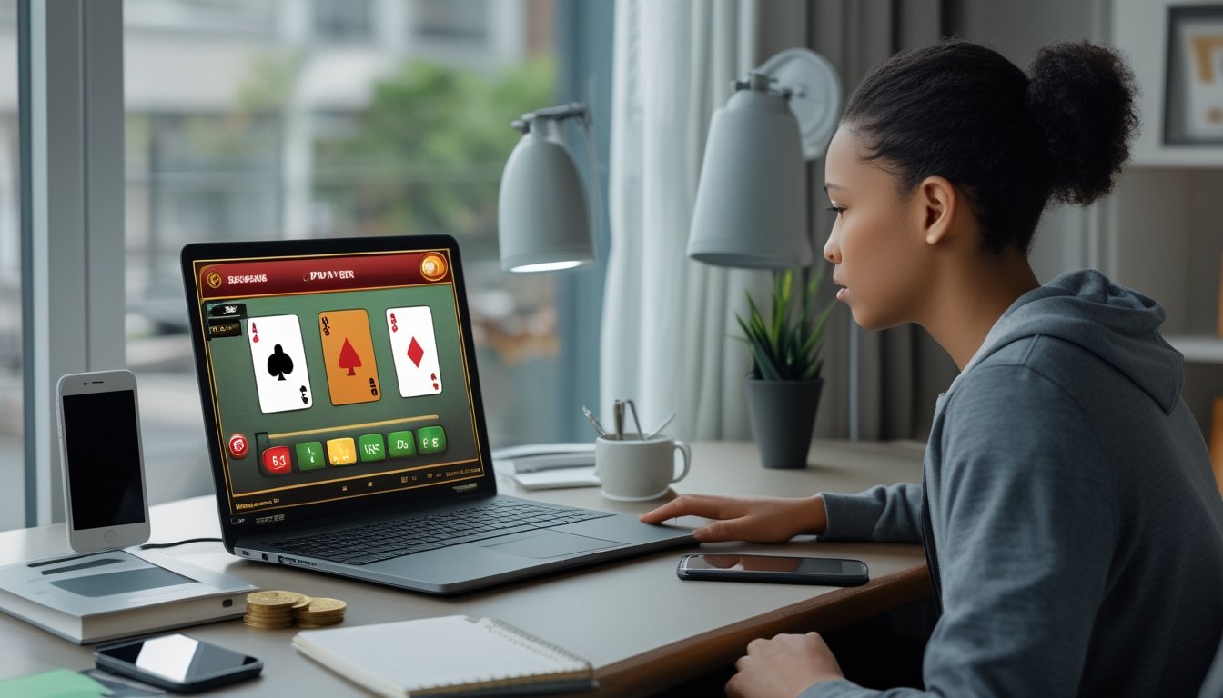 Pemula memainkan permainan kartu online di laptop dengan modal kecil di meja rumah.