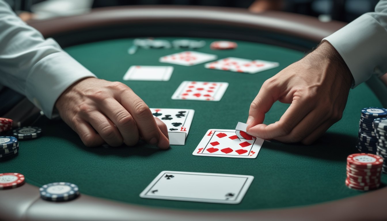 Tangan dealer menempatkan kartu ketiga di antara dua kartu terbuka di atas meja kasino, dengan beberapa keping chip dan buku catatan di sampingnya.