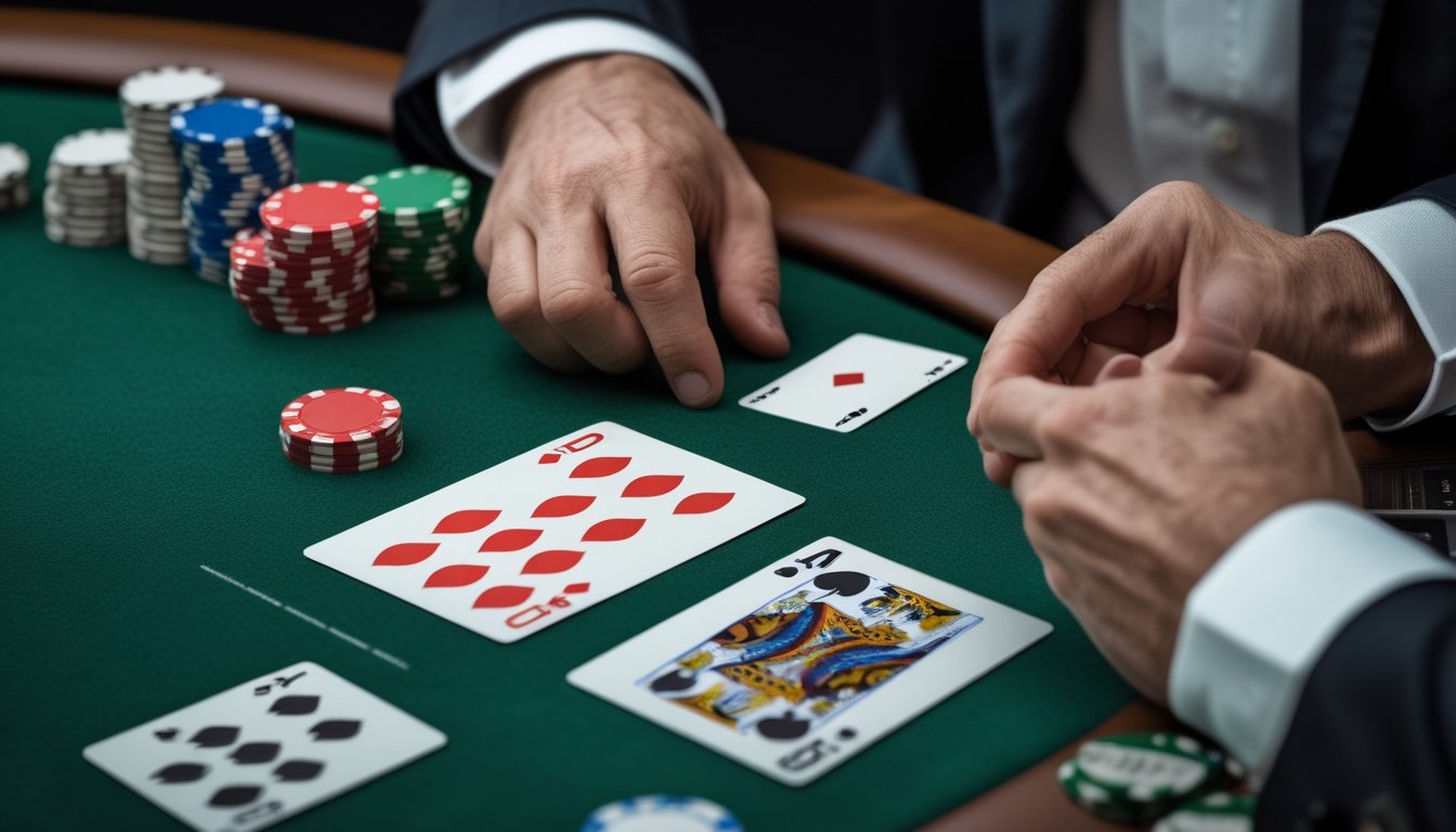 Seorang pemain mempelajari kartu dan tumpukan keping di meja poker kasino.