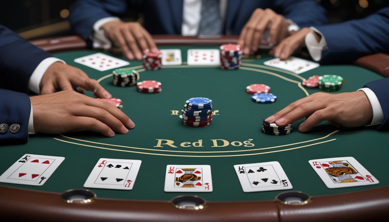 Tangan pemain menilai jarak kartu Red Dog dan menempatkan keping taruhan di atas meja kasino.