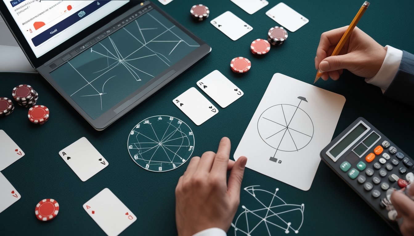 Meja kerja dengan laptop, kartu permainan, keping poker, kalkulator, dan diagram probabilitas abstrak.