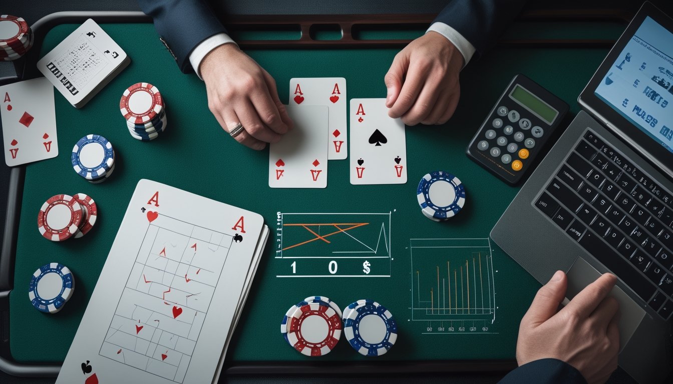 Kartu remi, keping taruhan, kalkulator, dan laptop tersusun di atas meja untuk menggambarkan analisis probabilitas permainan Red Dog.